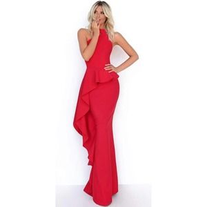 Tarik Ediz Red 50779 High Neck Ruffled Peplum Sheath Dress Womens US 4